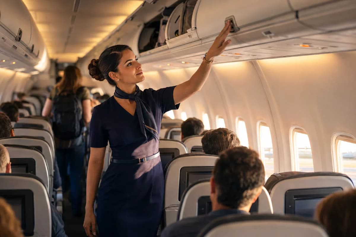 Cena realista em aeroporto e cabine de avião: uma comissária de bordo brasileira em uniforme profissional caminhando pelo corredor da aeronave enquanto confere equipamentos de segurança e orienta discretamente passageiros ao embarque; ao fundo, janelas com luz dourada de fim de tarde e pista desfocada; composição horizontal 600x400, enquadramento em plano médio com profundidade de campo suave, estilo fotográfico editorial, cores naturais, iluminação suave e cinematográfica, sem texto, sem logotipos, sem marcas d’água