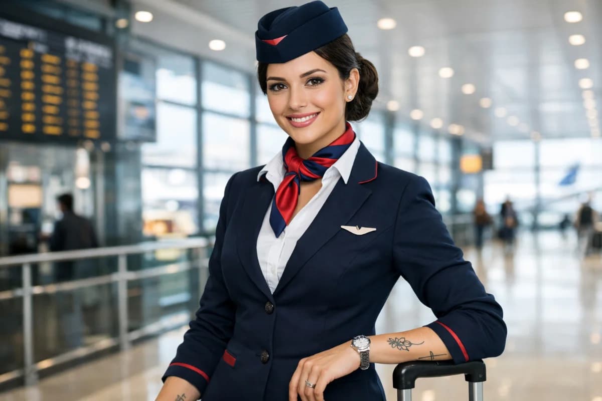 Comissária de bordo em uniforme elegante, com tatuagens discretas visíveis, em um aeroporto moderno e iluminado, estilo realista, enquadramento horizontal 16:9