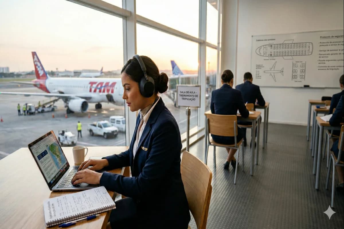 Cena realista de uma jovem comissária de bordo estudando em casa em um notebook aberto com caderno e caneta, ao fundo uma janela com vista suave de um aeroporto desfocado e um avião ao longe, ambiente organizado e moderno, elementos de aviação discretos (cartão de embarque genérico, mala de mão), composição horizontal 16:9 com a personagem em primeiro plano e profundidade de campo, estilo fotográfico editorial, iluminação natural suave de fim de tarde, cores neutras e profissionais, sem texto, sem logotipos, sem marcas d’água