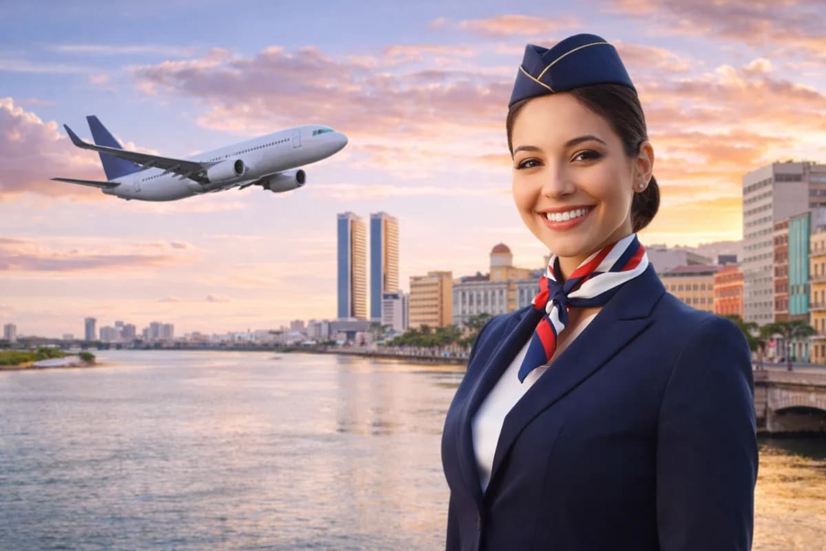 Cena em um aeroporto de Recife com um grupo de estudantes uniformizados, prontos para embarcar em uma aeronave. O ambiente é iluminado pelo sol da manhã, com a pista de decolagem ao fundo e o céu azul claro. Estilo fotográfico realista, enquadramento horizontal 16:9.