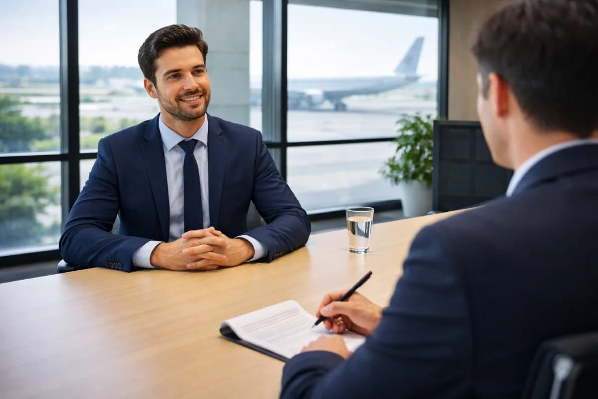 Uma sala de entrevistas moderna com um candidato sentado em uma cadeira confortável, respondendo a perguntas de um recrutador. A cena é iluminada por luz natural suave, com um ambiente profissional e acolhedor. O enquadramento é horizontal 16:9, capturando a interação entre o candidato e o recrutador, sem texto sobreposto, sem logotipos e sem marcas d'água.