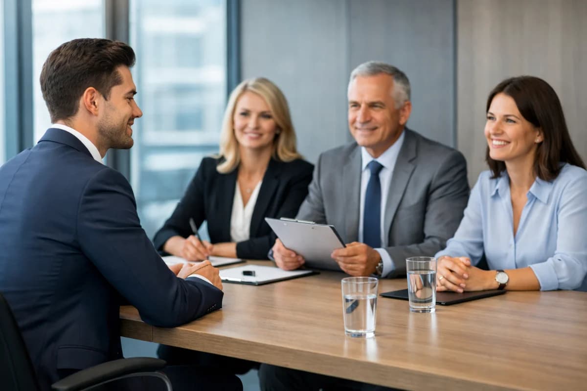 Cena de uma entrevista de emprego em uma sala de reuniões moderna, com um candidato bem vestido sentado à mesa, interagindo com um painel de entrevistadores. A iluminação é suave e natural, destacando a expressão confiante do candidato. O enquadramento é horizontal 16:9, capturando a dinâmica da entrevista sem elementos distrativos.
