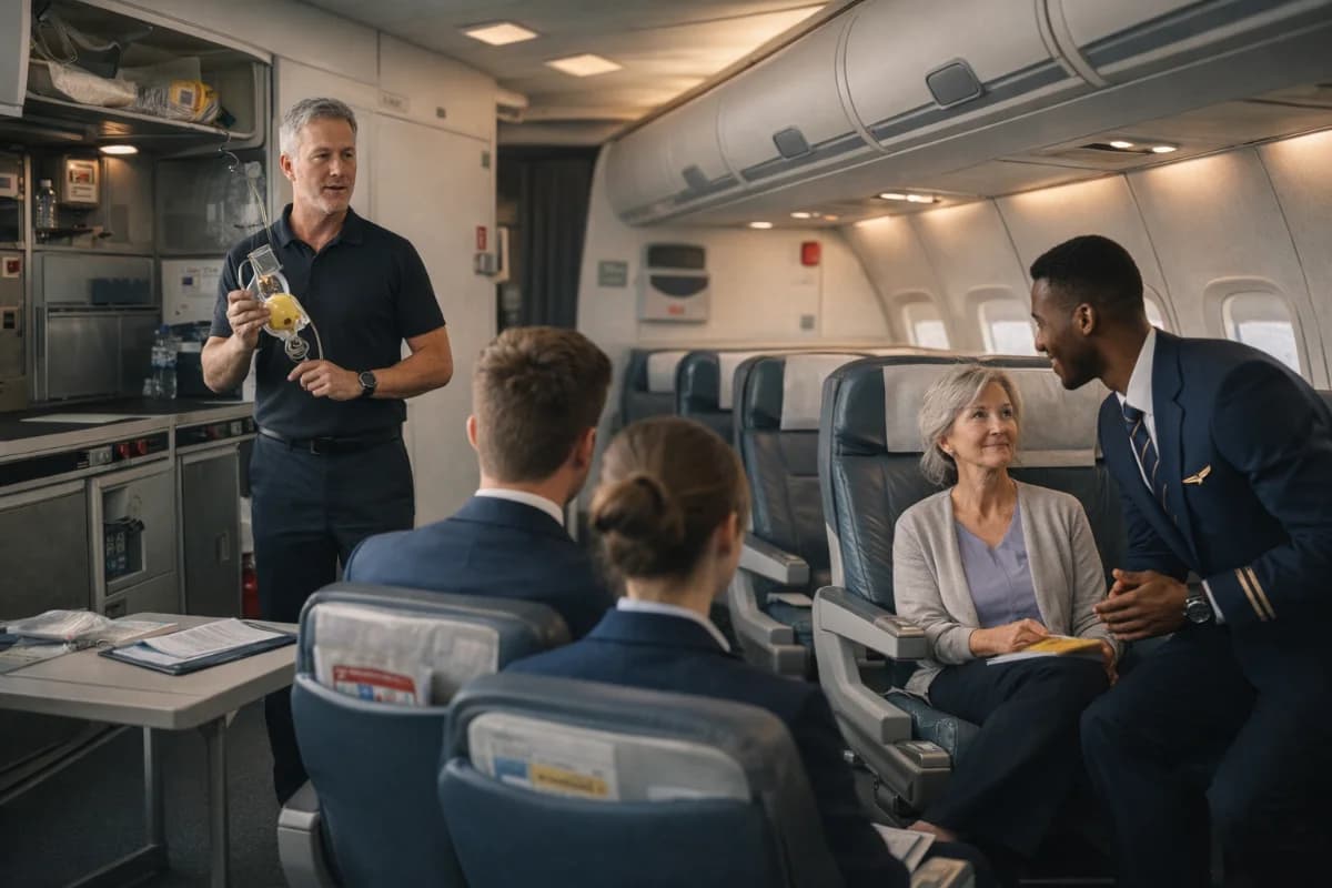 Cena realista em um centro de treinamento de comissários de voo: cabine mockup de aeronave com fileiras de assentos e compartimentos superiores, instrutor demonstrando procedimentos de segurança para dois alunos uniformizados com postura profissional, um aluno praticando comunicação com passageiro simulado; ambiente limpo e moderno, detalhes de equipamentos de emergência discretos, atmosfera de foco e preparação. Composição cinematográfica, profundidade de campo suave, iluminação natural difusa com luz lateral, cores neutras com toques de azul, estilo fotográfico editorial, enquadramento horizontal 16:9, sem texto, sem logotipos, sem marcas d’água