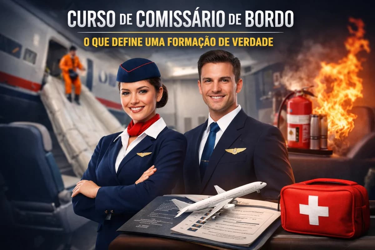 Curso de comissário de bordo com treinamento prático em segurança e emergência.