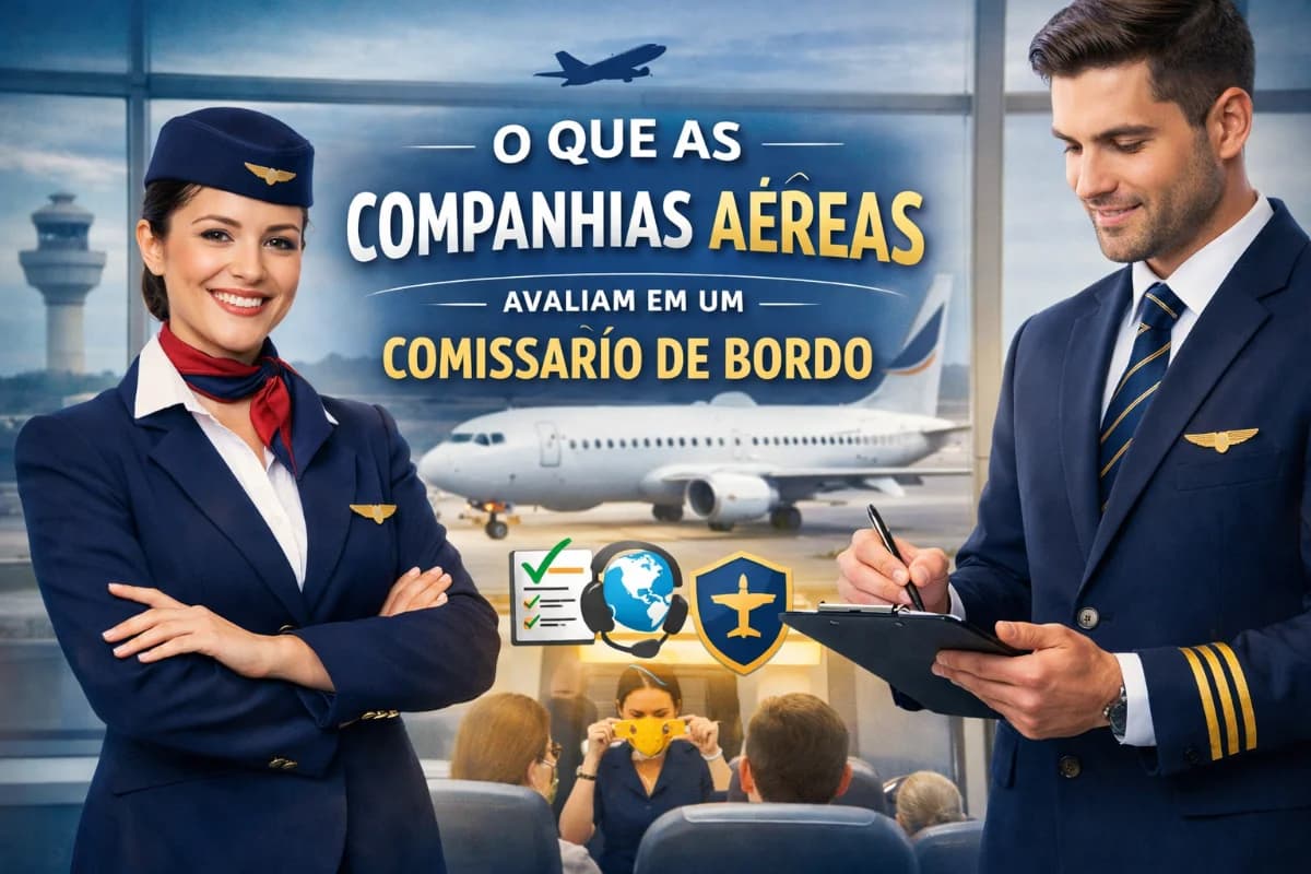 Comissários de bordo em ambiente aeroportuário representando o que as companhias aéreas avaliam no recrutamento.