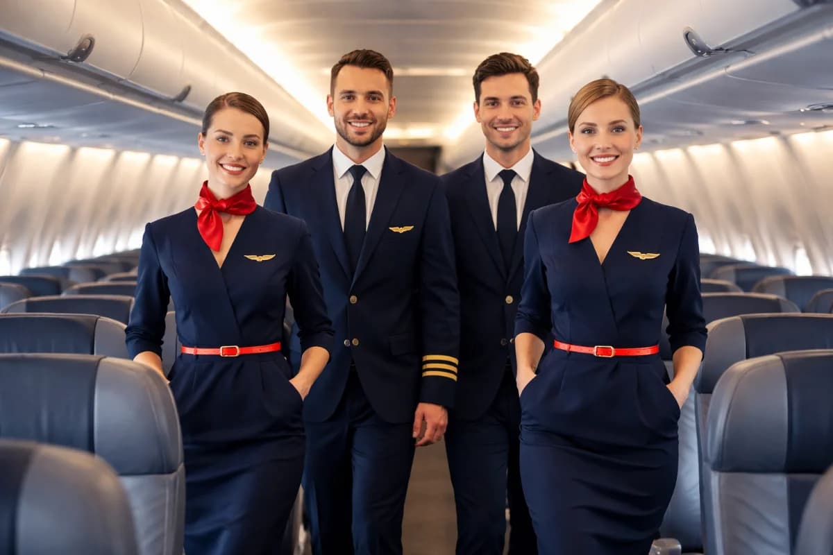 Comissário de bordo em uniforme, dentro de uma cabine de avião moderna, interagindo com passageiros. Ambiente iluminado por luz natural suave, estilo fotográfico realista, enquadramento horizontal 16:9.