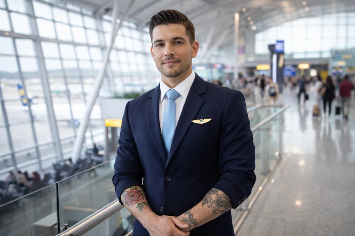 Comissário de bordo em uniforme elegante, com tatuagens discretas visíveis, em um aeroporto moderno e iluminado, estilo realista, enquadramento horizontal 16:9