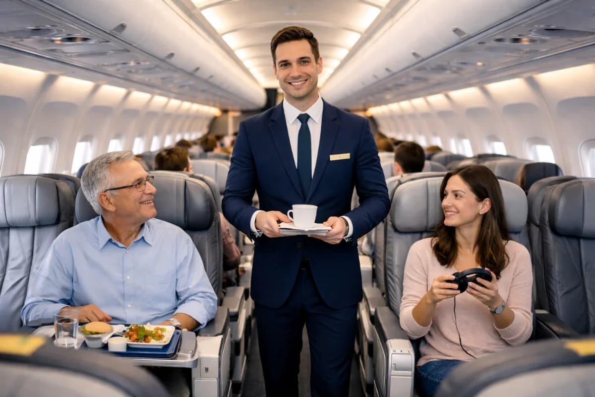 Cena em um avião comercial com comissários de bordo em uniforme atendendo passageiros, interior moderno e iluminado, estilo realista, enquadramento horizontal 16:9