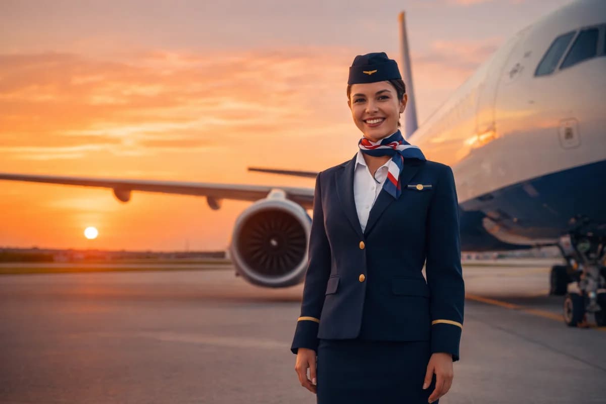 Cena em um aeroporto, com uma comissária de bordo em uniforme elegante, sorrindo ao lado de uma aeronave moderna. O ambiente é iluminado pela luz suave do entardecer, com um céu alaranjado ao fundo. A composição é equilibrada, capturando a essência da aviação em um enquadramento horizontal 16:9.