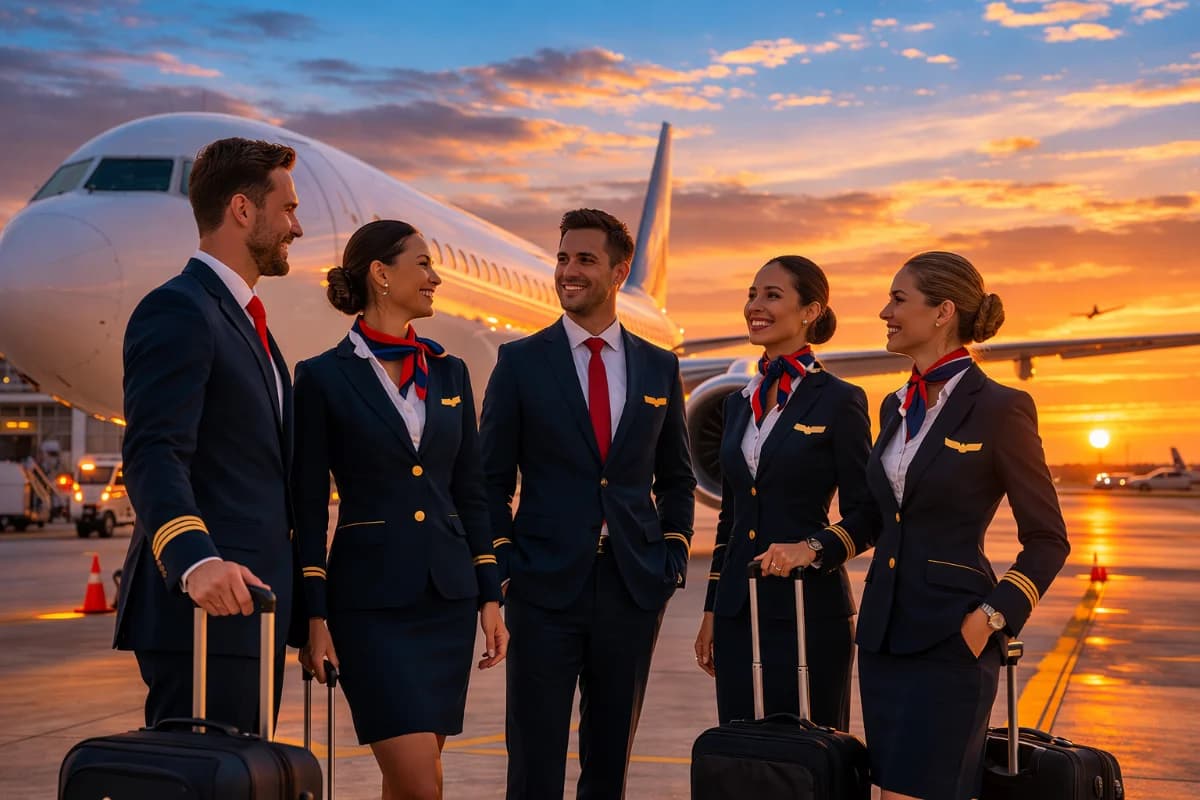 Cena em um aeroporto com um grupo de comissários de bordo em uniforme, sorrindo e conversando ao lado de uma aeronave moderna. O ambiente é iluminado pela luz suave do amanhecer, com o céu em tons de azul e laranja. O enquadramento é horizontal 16:9, capturando a pista de decolagem ao fundo.