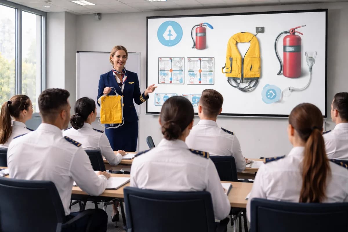 Sala de aula moderna com alunos uniformizados assistindo a uma apresentação sobre segurança em voo, ambiente iluminado e espaçoso, estilo contemporâneo, enquadramento horizontal 16:9