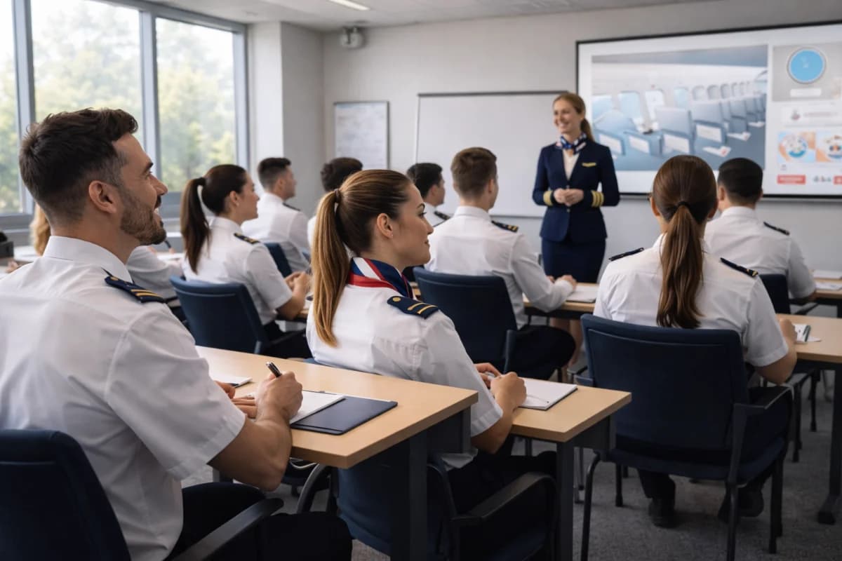 Cena de uma sala de aula moderna com estudantes uniformizados em um curso de comissário de voo, ambiente iluminado e espaçoso, estilo realista, enquadramento horizontal 16:9