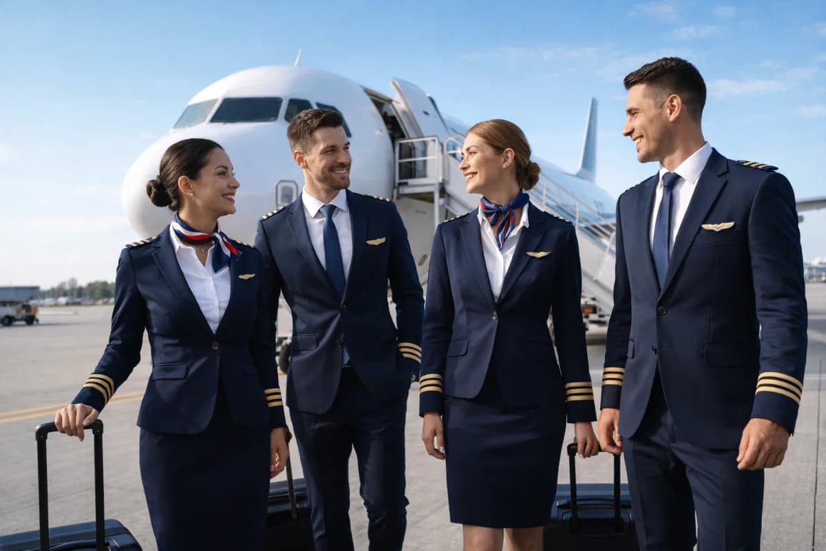 Cena em um aeroporto com um grupo de comissários de bordo em uniformes alinhados, sorrindo e conversando ao lado de uma aeronave moderna. Ambiente iluminado pelo sol da manhã, com um céu azul claro ao fundo. Estilo fotográfico realista, composição equilibrada e enquadramento horizontal 16:9.