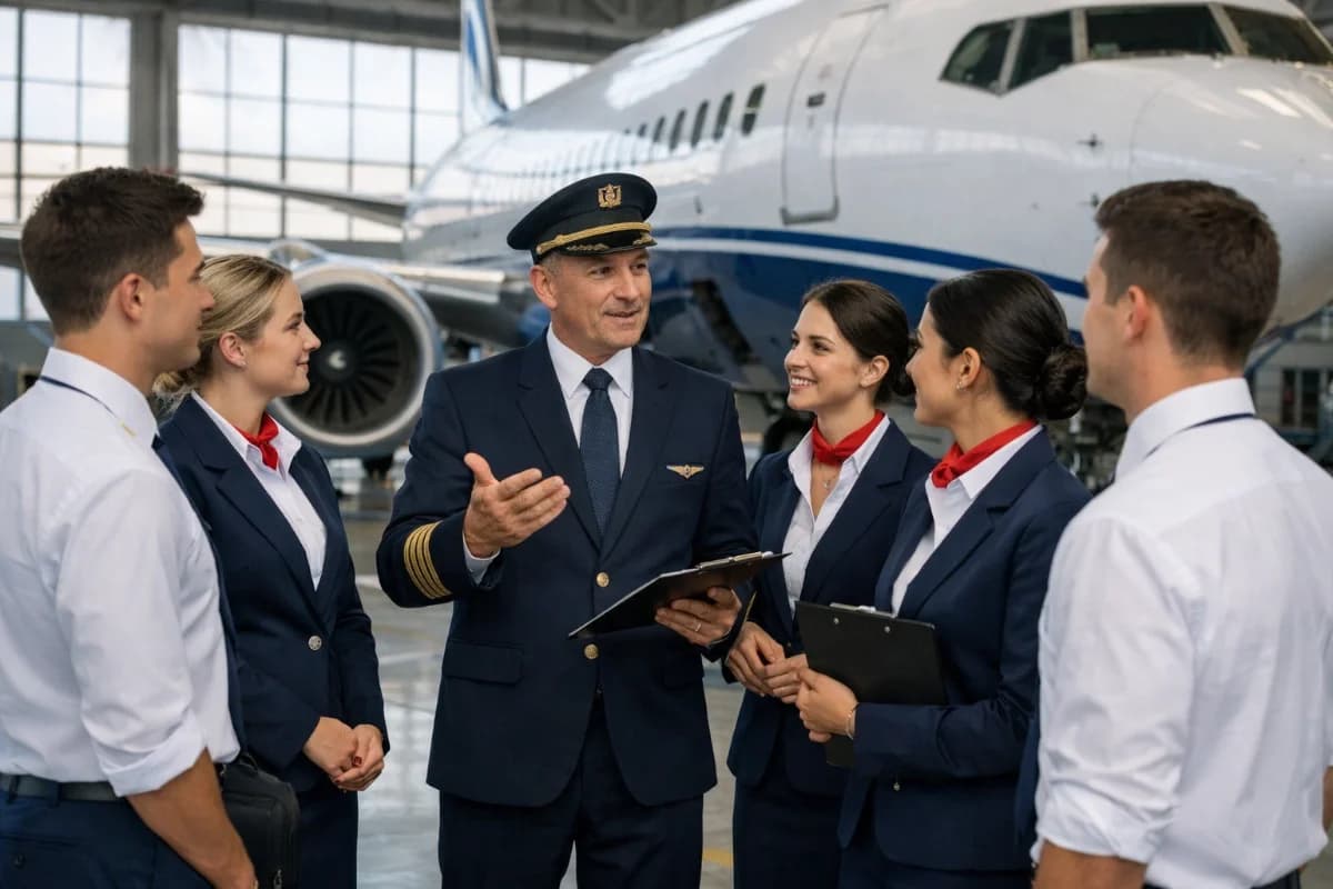 Cena em um hangar de aviação com alunos uniformizados, ao lado de um avião comercial, discutindo com um instrutor. Ambiente iluminado por luz natural, estilo realista, composição focada em interação e aprendizado, enquadramento horizontal 16:9.