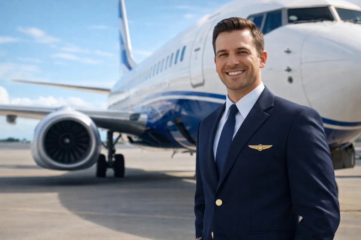 Cena em um aeroporto com um comissário de bordo em uniforme, sorrindo ao lado de uma aeronave moderna, céu azul ao fundo, iluminação natural suave, enquadramento horizontal 16:9