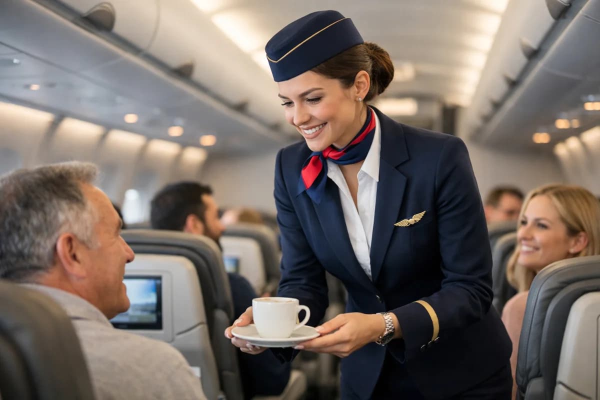 Cena em um avião comercial, comissária de bordo em uniforme elegante atendendo passageiros, interior moderno e iluminado, estilo realista, iluminação suave, enquadramento horizontal 16:9