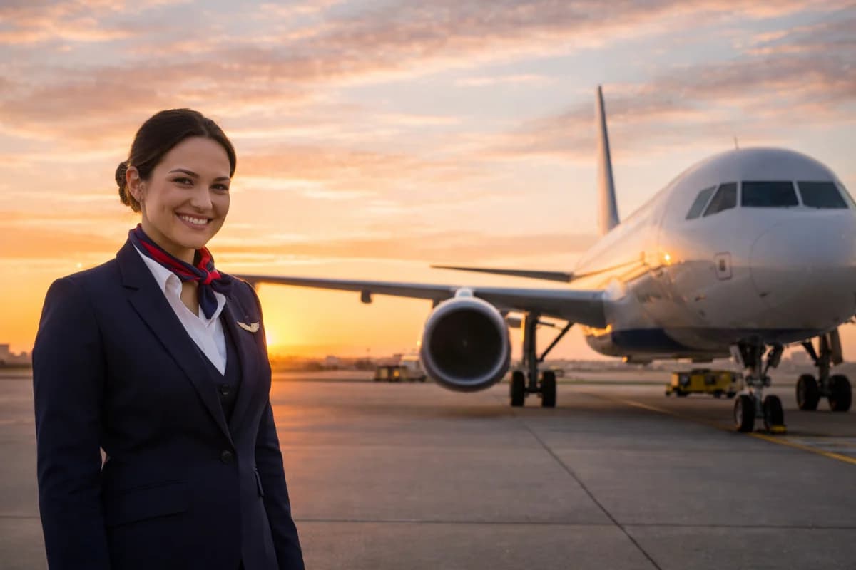 Cena em um aeroporto com uma aeromoça em uniforme sorrindo ao lado de uma aeronave. O ambiente é iluminado pela luz suave do amanhecer, com o céu em tons de laranja e azul. A composição é equilibrada, com a aeromoça à esquerda e a aeronave à direita, capturada em um enquadramento horizontal 16:9.