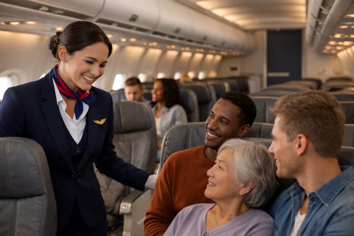 Cena realista dentro de uma cabine de avião comercial moderna, uma comissária de bordo em uniforme neutro conversando em inglês com um passageiro estrangeiro enquanto aponta discretamente para um cartão de segurança; ao fundo, galley e outros passageiros sentados, atmosfera profissional e calma; composição com a comissária em primeiro plano à esquerda e corredor em perspectiva; estilo fotografia editorial, hiper-realista, cores naturais, iluminação suave de cabine com luz difusa, profundidade de campo moderada, foco no rosto e nas mãos; enquadramento horizontal 16:9, sem texto, sem logotipos, sem marcas d’água