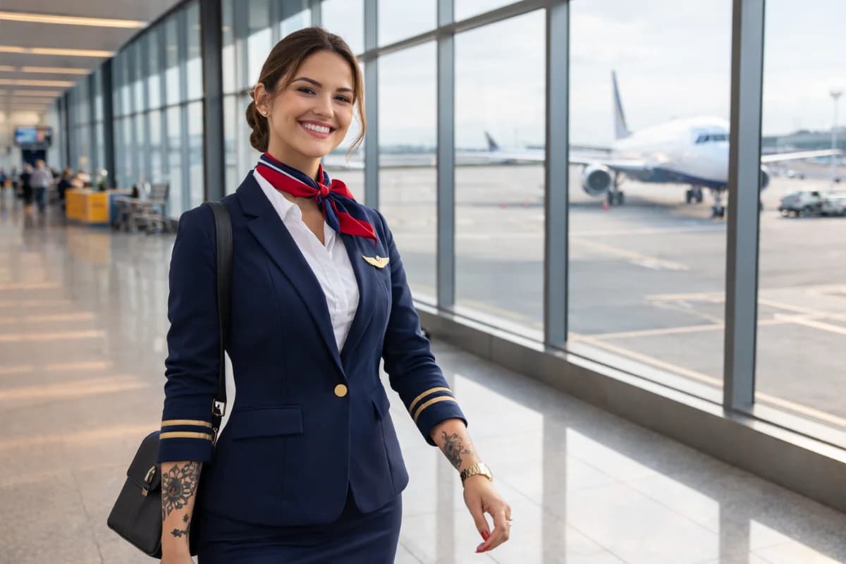 Uma aeromoça em uniforme elegante, com tatuagens discretas visíveis nos braços, sorrindo enquanto caminha pelo terminal de um aeroporto moderno. A cena é iluminada por luz natural suave, com um fundo de janelas amplas mostrando aviões na pista. Estilo fotográfico realista, enquadramento horizontal 16:9.