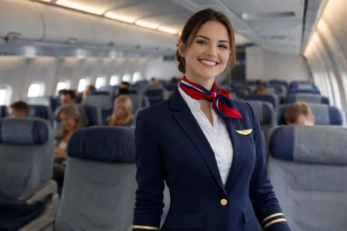 Uma aeromoça sorridente em uniforme elegante, dentro de uma cabine de avião moderna, com passageiros ao fundo. Iluminação suave e natural, estilo realista, enquadramento horizontal 16:9.