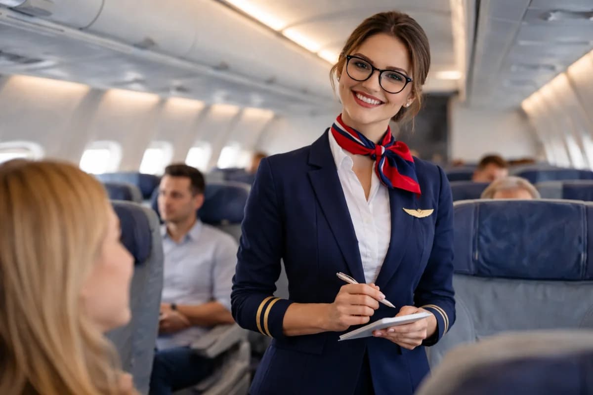 Cena em um avião com uma aeromoça usando óculos, interagindo com passageiros. Ambiente moderno e iluminado, estilo realista, com foco na aeromoça em um enquadramento horizontal 16:9.