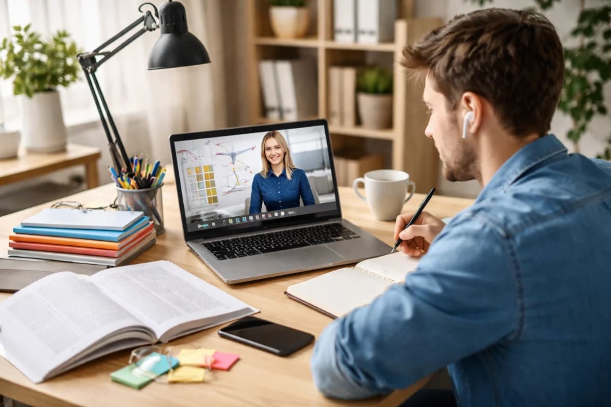 Cena de um estudante em casa assistindo a uma videoaula em um laptop, com materiais de estudo ao redor, em um ambiente iluminado e organizado, estilo moderno, enquadramento horizontal 16:9