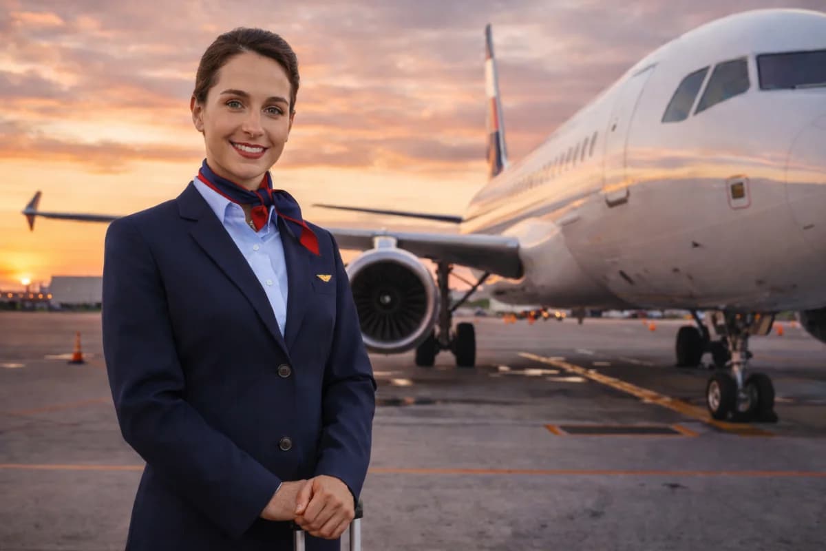 Cena realista em ambiente de treinamento de comissários de bordo: sala moderna de simulação de cabine de avião com fileiras de assentos e compartimentos superiores, um instrutor orientando dois candidatos uniformizados praticando postura e atendimento ao passageiro; ao fundo, quadro com checklist de segurança sem texto legível; composição horizontal 16:9, câmera na altura dos olhos, foco nos candidatos em primeiro plano, profundidade de campo suave, iluminação natural e suave com tons neutros, estilo fotográfico editorial, sem texto, sem logotipos, sem marcas d’água