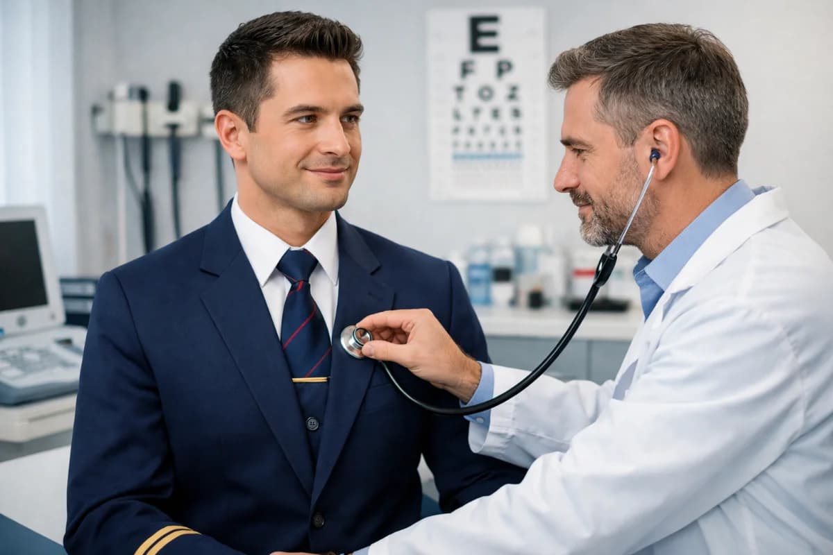 Cena em uma clínica médica moderna, com um comissário de bordo em uniforme sendo examinado por um médico. Ambiente iluminado e profissional, com equipamentos médicos ao fundo. Enquadramento horizontal 16:9, sem texto sobreposto.