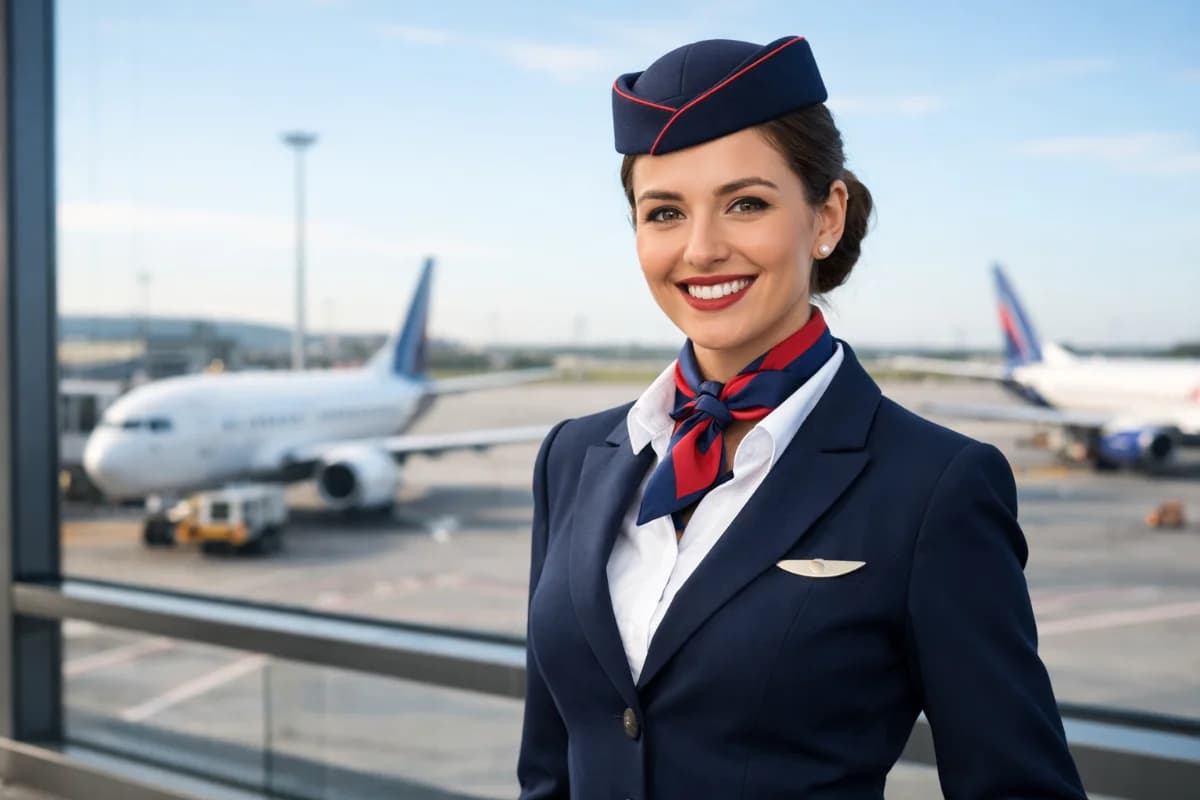 Comissária de bordo em uniforme impecável, sorrindo em um aeroporto moderno, com aviões ao fundo, iluminação natural suave, enquadramento horizontal 16:9