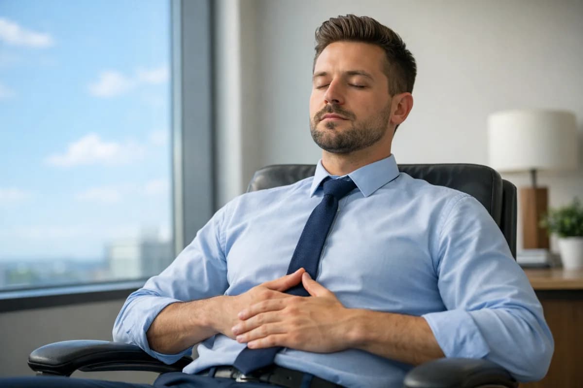 Cena de uma pessoa em um ambiente de escritório moderno, sentado em uma cadeira confortável, praticando técnicas de respiração profunda. A iluminação é suave e natural, com uma janela ao fundo mostrando um céu azul. O estilo visual é realista, com foco em transmitir calma e concentração. Enquadramento horizontal 16:9.