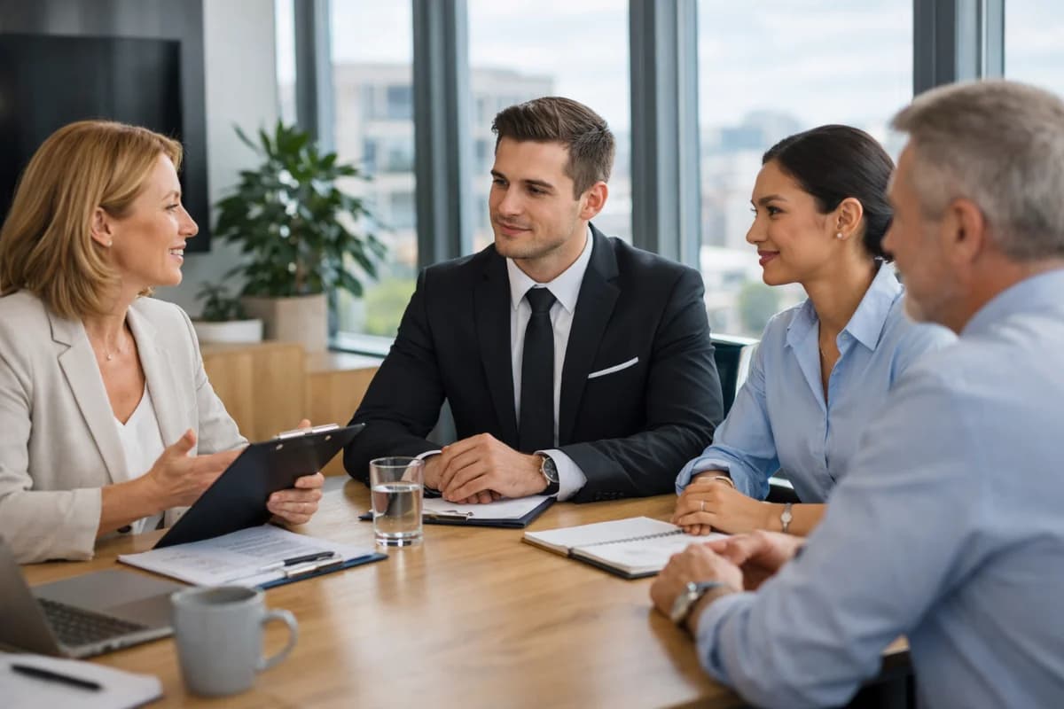 Cena realista em ambiente de entrevista de companhia aérea: candidata a comissária de bordo sentada ereta diante de dois recrutadores em uma sala corporativa moderna com janela e vista sutil de aeroporto ao fundo; mesa com pranchetas e currículo, linguagem corporal confiante e profissional; composição com foco na candidata em primeiro plano e recrutadores levemente desfocados; estilo fotográfico editorial, cores neutras, iluminação suave natural, profundidade de campo, enquadramento horizontal 16:9, sem texto, sem logotipos, sem marcas d’água