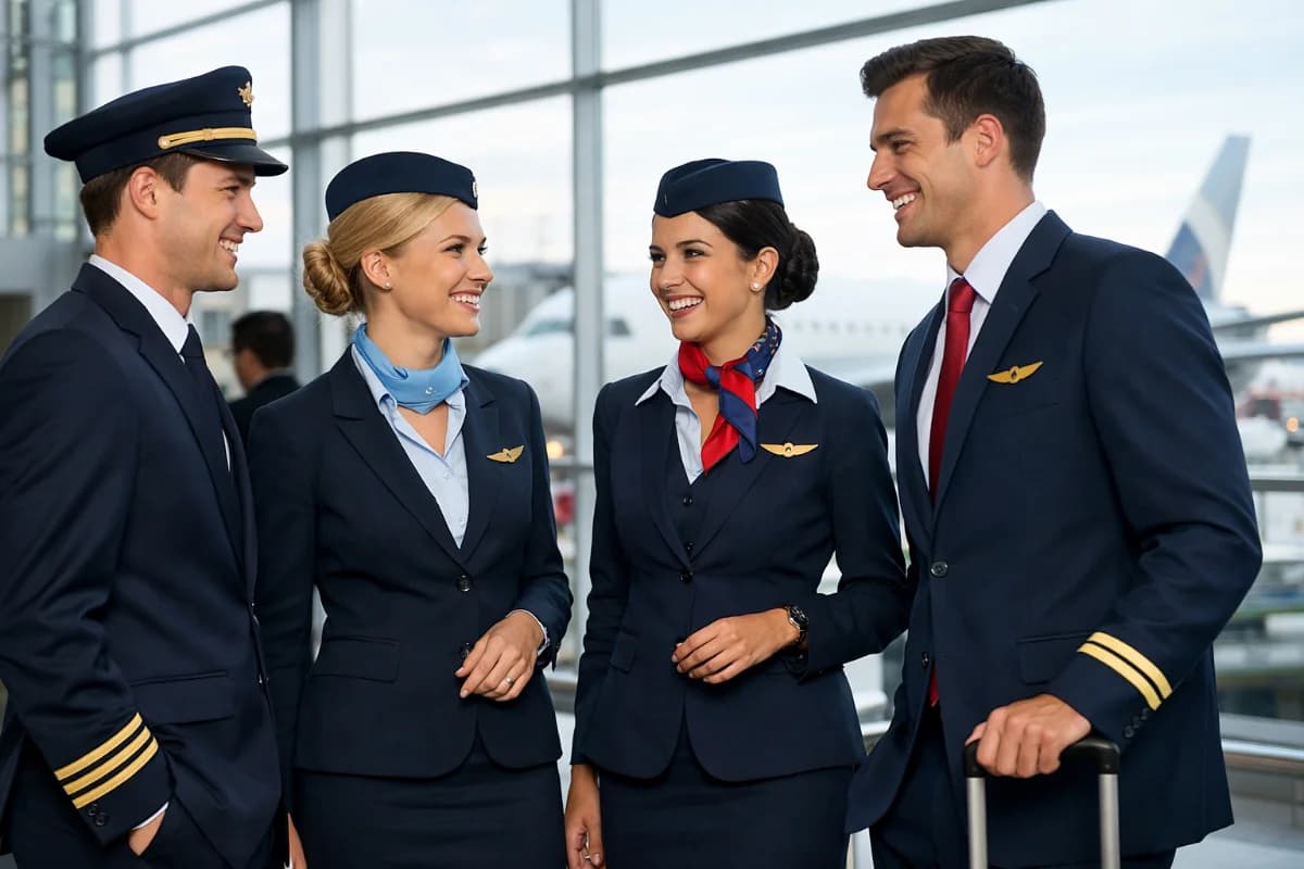 Cena em um aeroporto movimentado, com um grupo de comissários de bordo em uniformes alinhados, sorrindo e conversando. O ambiente é moderno e iluminado, com aviões ao fundo. Estilo fotográfico realista, iluminação natural, enquadramento horizontal 16:9.