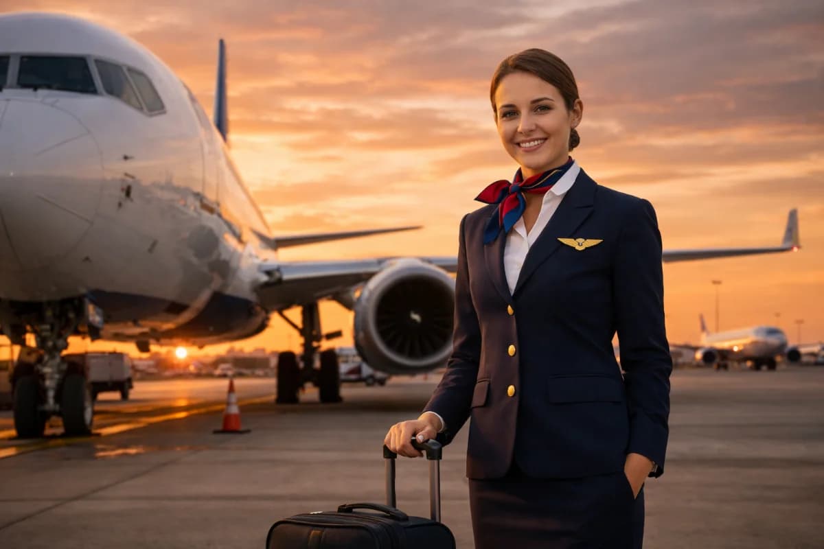 Cena em um aeroporto movimentado, com um comissário de bordo em uniforme ao lado de uma aeronave moderna. O ambiente é iluminado pela luz suave do entardecer, com um céu alaranjado ao fundo. Estilo realista, enquadramento horizontal 16:9, sem texto sobreposto.