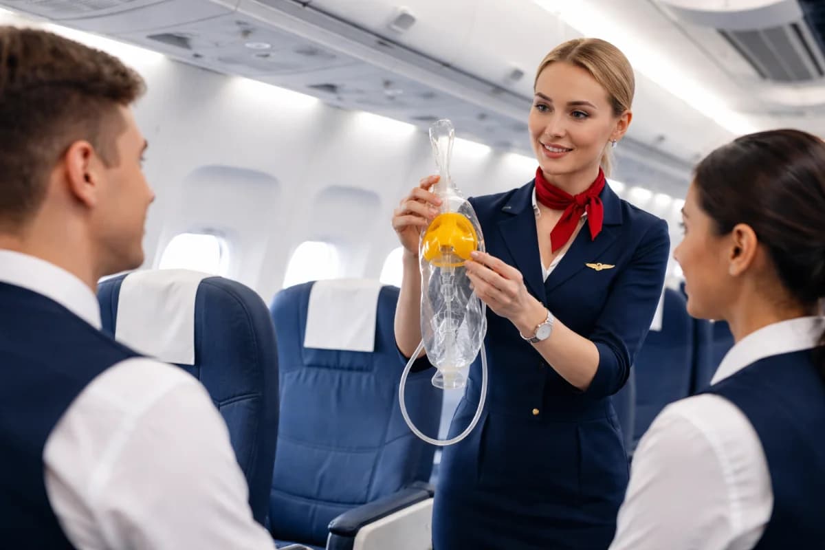 Cena de um evento de aviação em um hangar, com alunos uniformizados participando de uma simulação prática. Ambiente iluminado por luz natural, com aviões ao fundo e instrutores orientando os participantes. Estilo fotográfico realista, enquadramento horizontal 16:9.