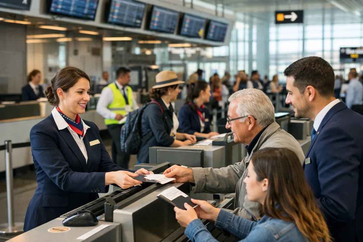 Cena em um aeroporto movimentado com funcionários em uniformes ajudando passageiros no check-in, ambiente moderno e iluminado, estilo realista, enquadramento horizontal 16:9