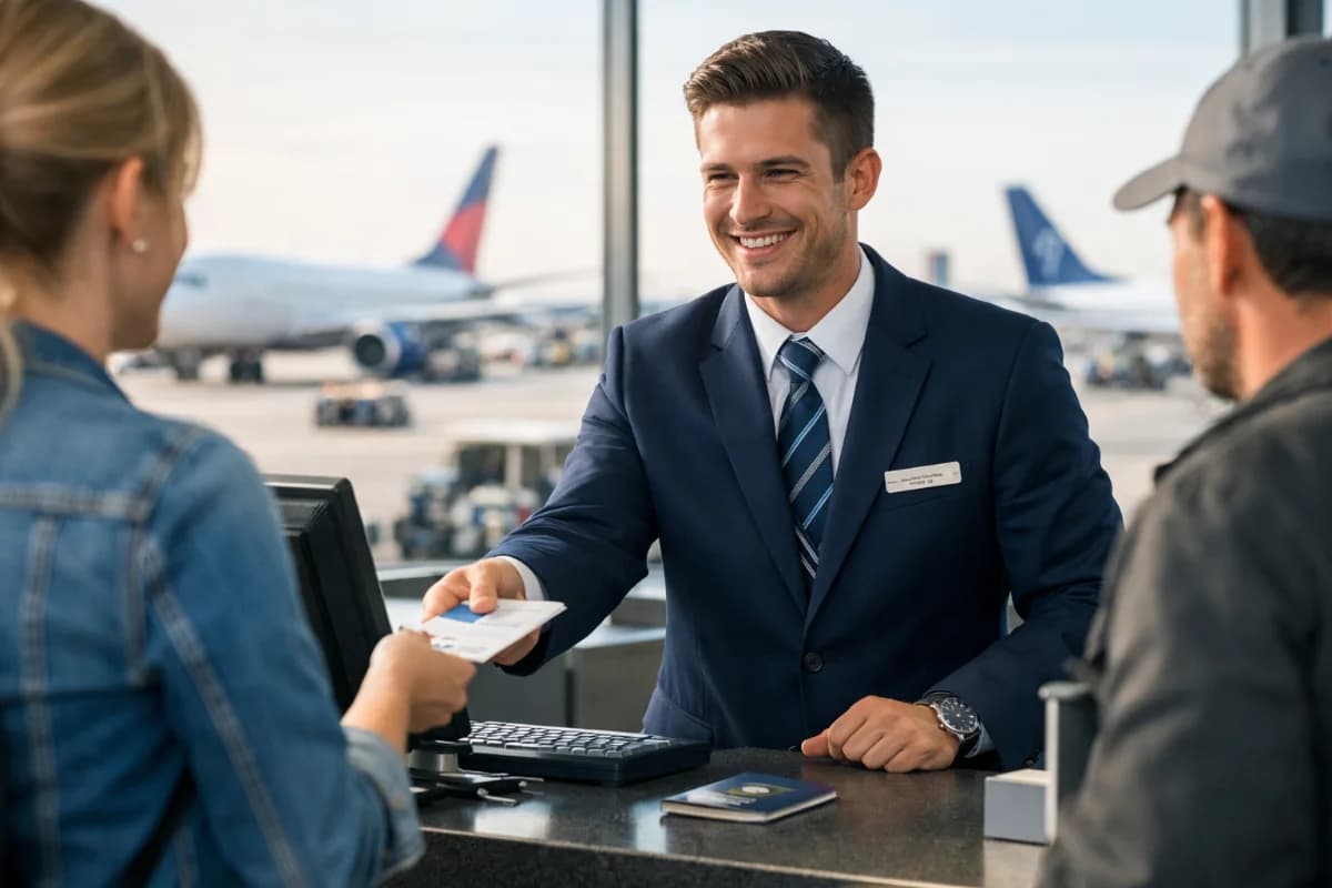 Cena de um agente de aeroporto em uniforme azul escuro, ajudando passageiros no balcão de check-in em um aeroporto movimentado, com aviões visíveis ao fundo. Ambiente iluminado por luz natural suave, estilo realista, enquadramento horizontal 16:9.