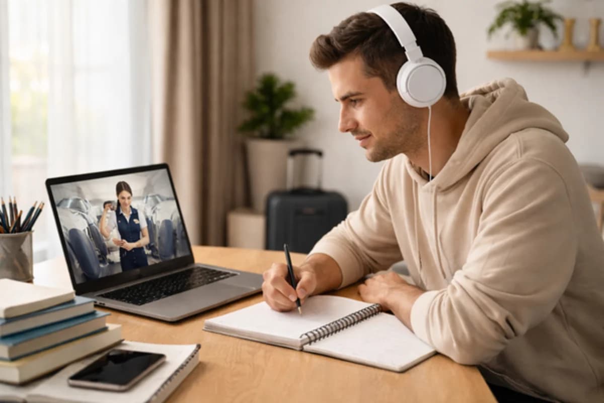 Cena realista de estudo EAD para comissário de bordo: jovem adulto em casa em um home office organizado, laptop aberto com videoaula (sem textos legíveis), ao lado caderno com anotações e fones de ouvido; ao fundo, janela com luz natural suave e uma mala de viagem discreta; composição horizontal 16:9, enquadramento em meia altura com profundidade de campo, estilo fotográfico editorial, cores neutras, iluminação natural, sem texto, sem logotipos, sem marcas d’água