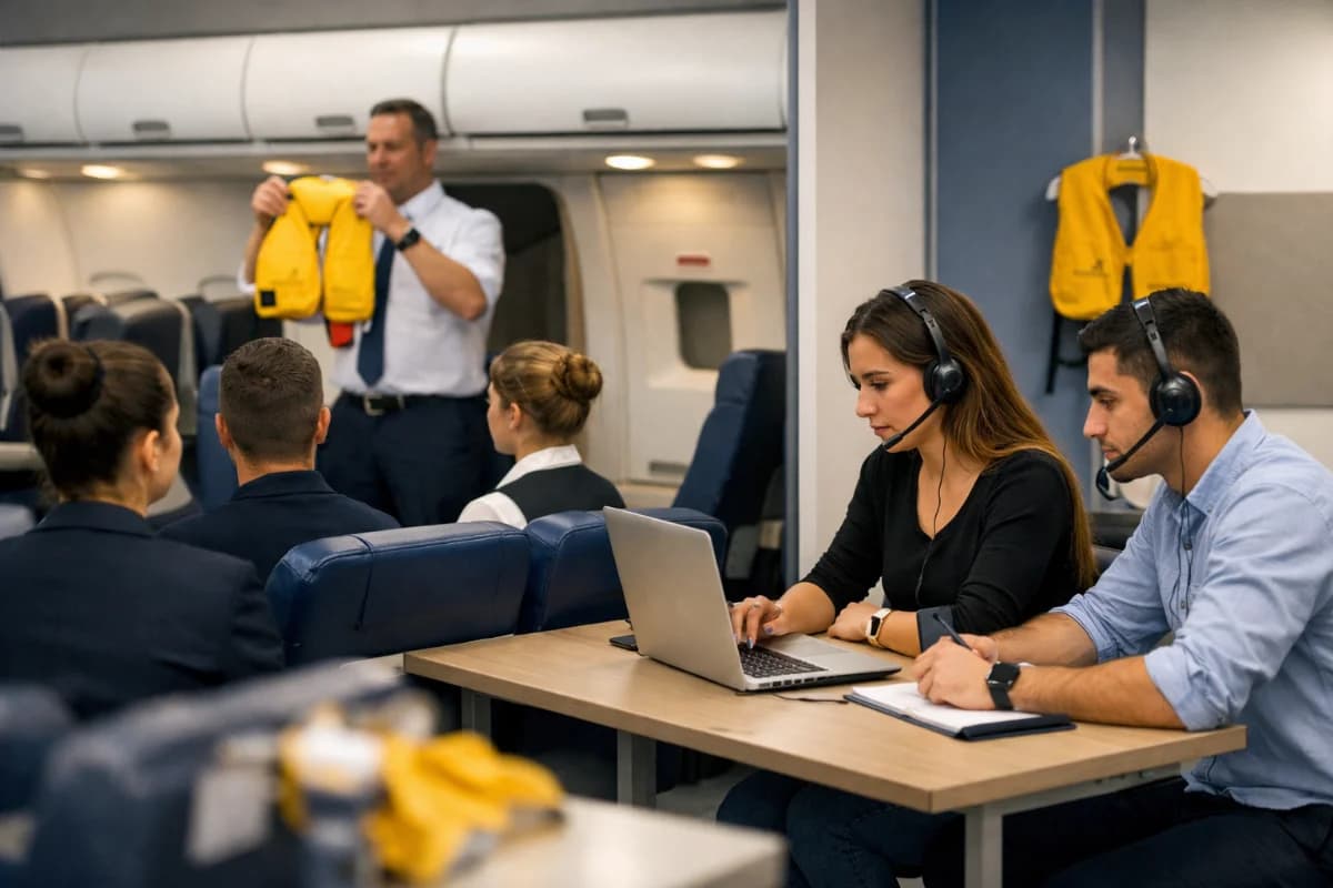 Cena realista em sala de treinamento de comissários de bordo com mockup de cabine de avião ao fundo; dois grupos de alunos: um em aula presencial com instrutor demonstrando procedimentos de segurança e postura, outro em estação de estudo com notebook e headset representando EAD; ambiente moderno de escola de aviação, detalhes de coletes salva-vidas e compartimentos superiores; composição equilibrada com profundidade de campo, estilo fotográfico editorial, iluminação suave e profissional, cores neutras com toques de azul, enquadramento horizontal 600x400, sem texto, sem logotipos, sem marcas d’água
