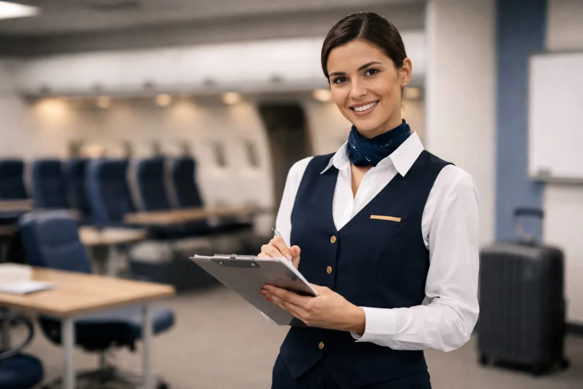 Cena realista de um(a) comissário(a) de bordo brasileiro(a) em uniforme neutro segurando uma prancheta com checklist e documentos, em um ambiente de treinamento de aviação com mockup de cabine ao fundo e elementos discretos de sala de aula (cadeiras, quadro, mala de viagem). Composição editorial limpa, foco no personagem em primeiro plano, profundidade de campo suave, iluminação natural suave e profissional, cores sóbrias, estilo fotográfico contemporâneo, enquadramento horizontal 600x400, sem texto, sem logotipos, sem marcas d’água.