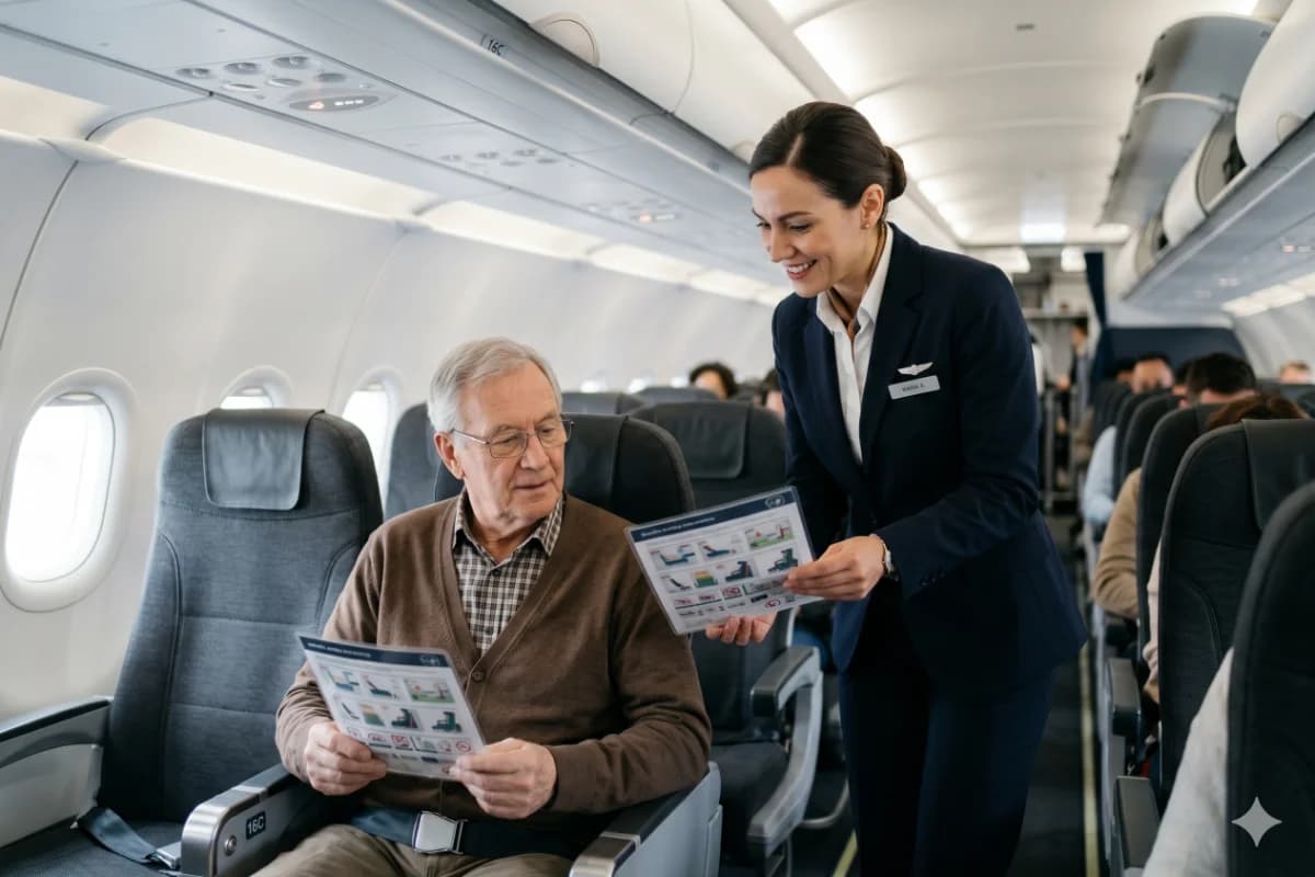 Cena realista em cabine de avião comercial: comissária de bordo em uniforme neutro atendendo um passageiro estrangeiro com um cartão de segurança na mão, corredor e assentos ao fundo, atmosfera profissional e calma, detalhes de interior aeronáutico moderno, profundidade de campo suave, estilo fotográfico editorial, iluminação natural suave vinda das janelas, composição limpa com foco na interação, enquadramento horizontal 600x400, sem texto, sem logotipos, sem marcas d’água
