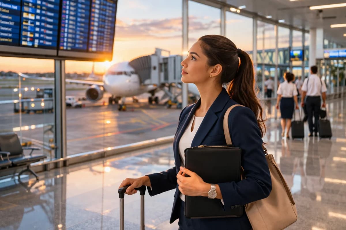 Cena realista em aeroporto brasileiro moderno ao amanhecer: jovem candidato(a) a comissário(a) de bordo com mala de mão e pasta de documentos, em primeiro plano, olhando para um painel de partidas desfocado; ao fundo, aeronave no finger e tripulantes caminhando; ambiente clean, tons azul e cinza, reflexos no piso, profundidade de campo suave, composição cinematográfica, estilo fotográfico hiper-realista, iluminação natural dourada, enquadramento horizontal 600x400 sem texto, sem logotipos, sem marcas d’água