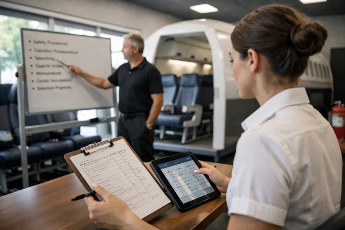 Cena realista em um centro de treinamento de aviação civil no Brasil: uma sala moderna de briefing com janelas amplas, ao fundo um simulador de cabine de aeronave e um mockup de corredor de avião; em primeiro plano, um(a) aluno(a) com uniforme neutro analisando uma checklist e um tablet com cronograma de treinamento, enquanto um instrutor aponta para um quadro com tópicos de seleção e segurança; ambiente limpo e profissional, detalhes de equipamentos de treinamento (assentos de cabine, compartimentos superiores, extintor de treinamento), atmosfera de preparação e decisão; composição cinematográfica, estilo fotográfico hiper-realista, iluminação suave natural com luz lateral, profundidade de campo moderada, enquadramento horizontal 600x400, sem texto, sem logotipos, sem marcas d’água