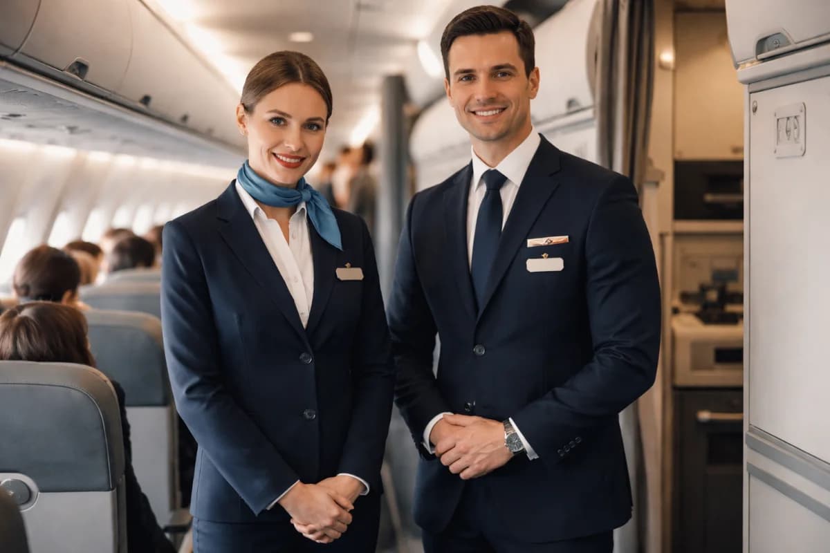Cena realista dentro da cabine de um avião comercial moderno: comissária e comissário de bordo em uniforme impecável com insígnias discretas, em pé no corredor próximo à porta dianteira, postura confiante e profissional, passageiros ao fundo desfocados observando, iluminação suave e natural vinda das janelas, cores neutras e elegantes, foco nos detalhes do uniforme (corte, cores, crachá/insígnias sem marcas), composição cinematográfica, profundidade de campo, estilo fotográfico editorial, enquadramento horizontal 3:2, sem texto, sem logotipos, sem marcas d’água
