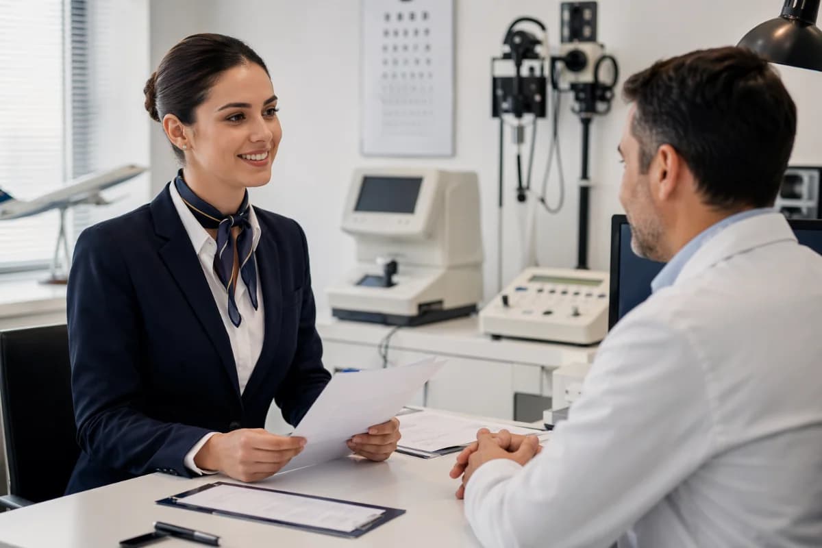 Cena realista em ambiente de clínica de medicina aeronáutica: jovem candidato(a) a comissário(a) de bordo em uniforme neutro segurando documentos, sentado(a) em frente a um médico examinador em consultório moderno; ao fundo, equipamentos de exame (tabela de Snellen, audiômetro, monitor), detalhes sutis de aviação como uma maquete de avião desfocada; composição horizontal 3:2, enquadramento médio, foco no candidato e no médico, profundidade de campo suave, estilo fotográfico editorial, iluminação natural suave de janela, cores limpas e profissionais, sem texto, sem logotipos, sem marcas d’água