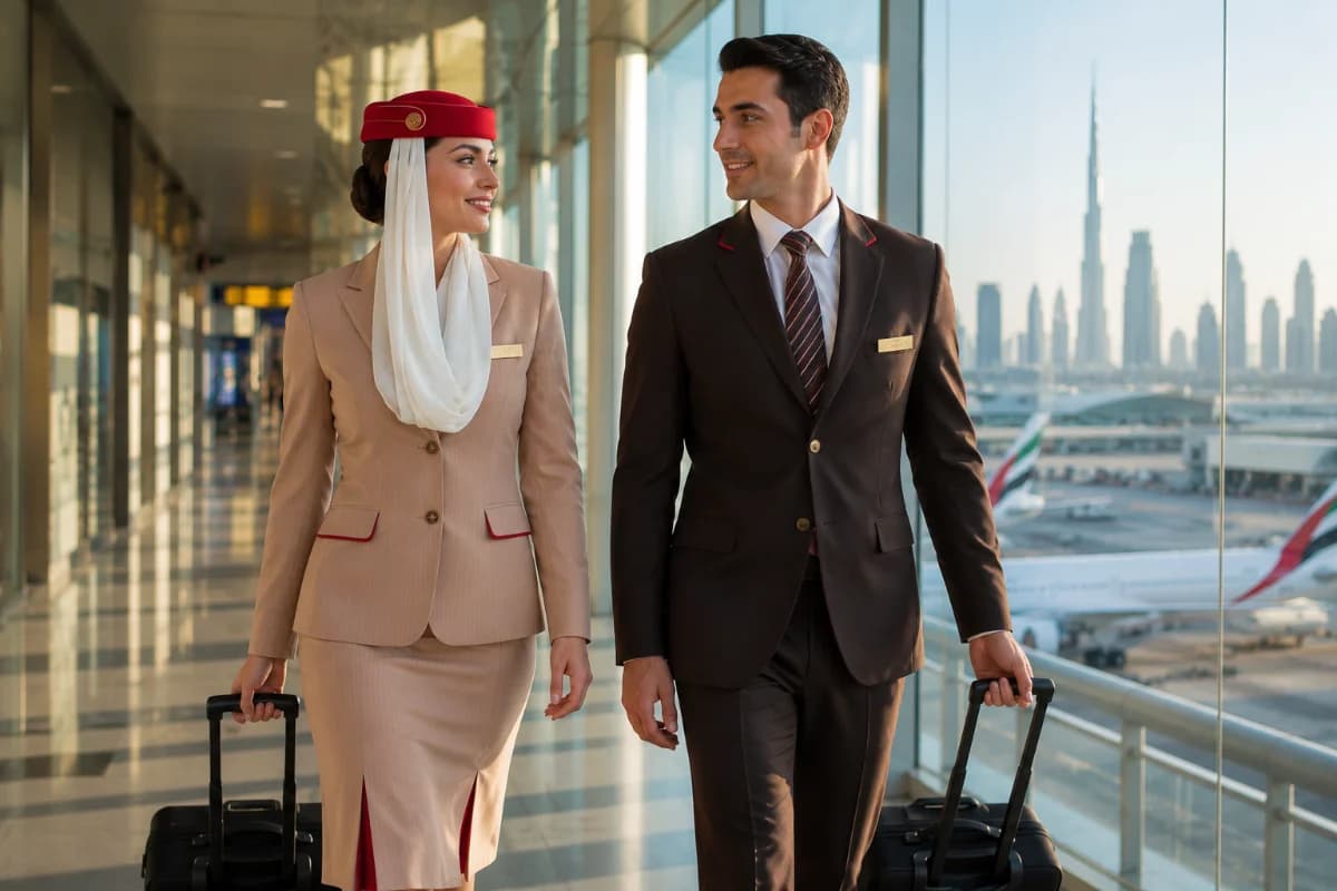 Cena realista de uma comissária de bordo e um comissário de bordo em uniforme genérico caminhando por um corredor de aeroporto moderno em Dubai ao amanhecer, com janelas amplas mostrando skyline desfocado ao fundo; composição horizontal 3:2, foco nos personagens em primeiro plano, mala de rodinhas discreta, atmosfera profissional e sóbria, estilo fotográfico editorial, cores neutras, iluminação suave dourada, profundidade de campo rasa, sem texto, sem logotipos, sem marcas d’água