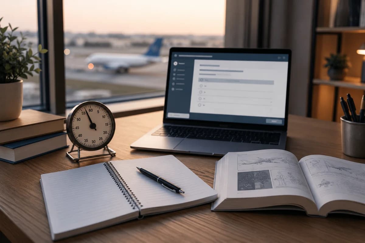 Cena realista de estudo para prova da ANAC: uma mesa organizada com caderno aberto, caneta, laptop exibindo uma interface genérica de simulado (sem texto legível), cronômetro analógico ao lado e um manual de aviação sem marcas; ao fundo, uma janela com vista desfocada de pista de aeroporto e cauda de avião ao longe; ambiente de home office moderno e minimalista, tons neutros, luz natural suave de fim de tarde, profundidade de campo rasa, composição horizontal 3:2, estilo fotográfico cinematográfico, alta nitidez, sem texto, sem logotipos, sem marcas d’água
