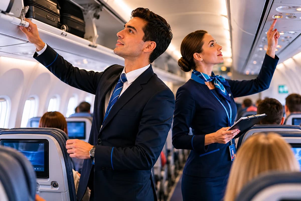 Cena realista dentro de uma aeronave comercial moderna, com um comissário de bordo e uma comissária em uniforme profissional realizando checagem de segurança na cabine (verificando compartimentos superiores e equipamentos), passageiros ao fundo em segundo plano desfocado, atmosfera de pré-decolagem, iluminação suave e natural vinda das janelas, composição documental e técnica, estilo fotográfico editorial, cores neutras, foco nos profissionais e nos detalhes de segurança, enquadramento horizontal 3:2, sem texto, sem logotipos, sem marcas d'água