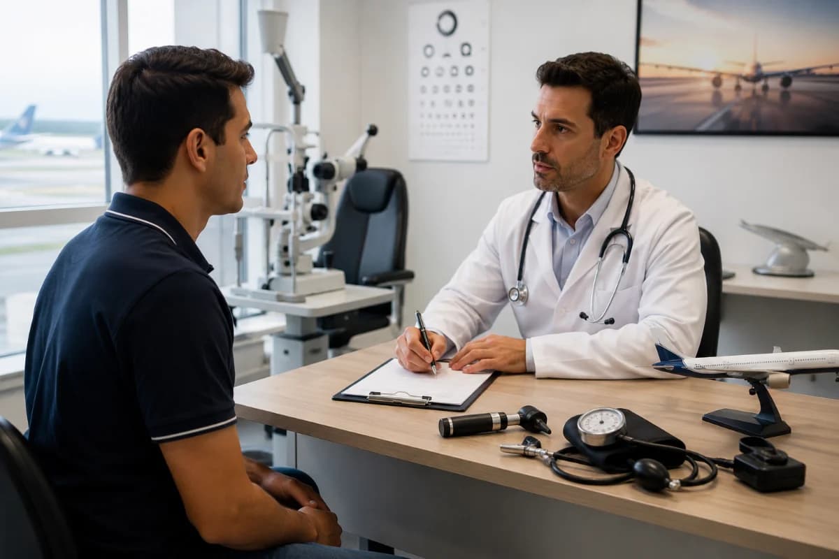Cena realista em clínica de medicina aeronáutica no Brasil: candidato sentado em consultório moderno realizando avaliação médica com médico examinador, equipamentos de exame (oftalmoscópio, tabela de Snellen ao fundo, esfigmomanômetro), ambiente limpo e profissional, detalhes sutis de aviação como um modelo de avião sobre a mesa, luz natural suave entrando por janela, composição horizontal 600x400, enquadramento médio com foco no atendimento e nos instrumentos, estilo fotográfico documental, cores neutras, sem texto, sem logotipos, sem marcas d’água