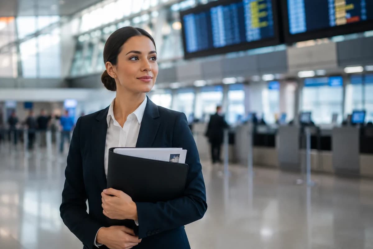 Fotografia editorial realista de um(a) jovem candidato(a) à aviação civil em um ambiente de aeroporto moderno, em primeiro plano segurando uma pasta com currículo e documentos organizados, ao fundo balcões de check-in e painéis de voo desfocados, aparência profissional discreta (traje social neutro), postura confiante e serena, composição limpa com linhas do terminal guiando o olhar, profundidade de campo rasa, iluminação natural suave entrando por grandes janelas, cores frias e elegantes, enquadramento horizontal 3:2, sem texto, sem logotipos, sem marcas d’água