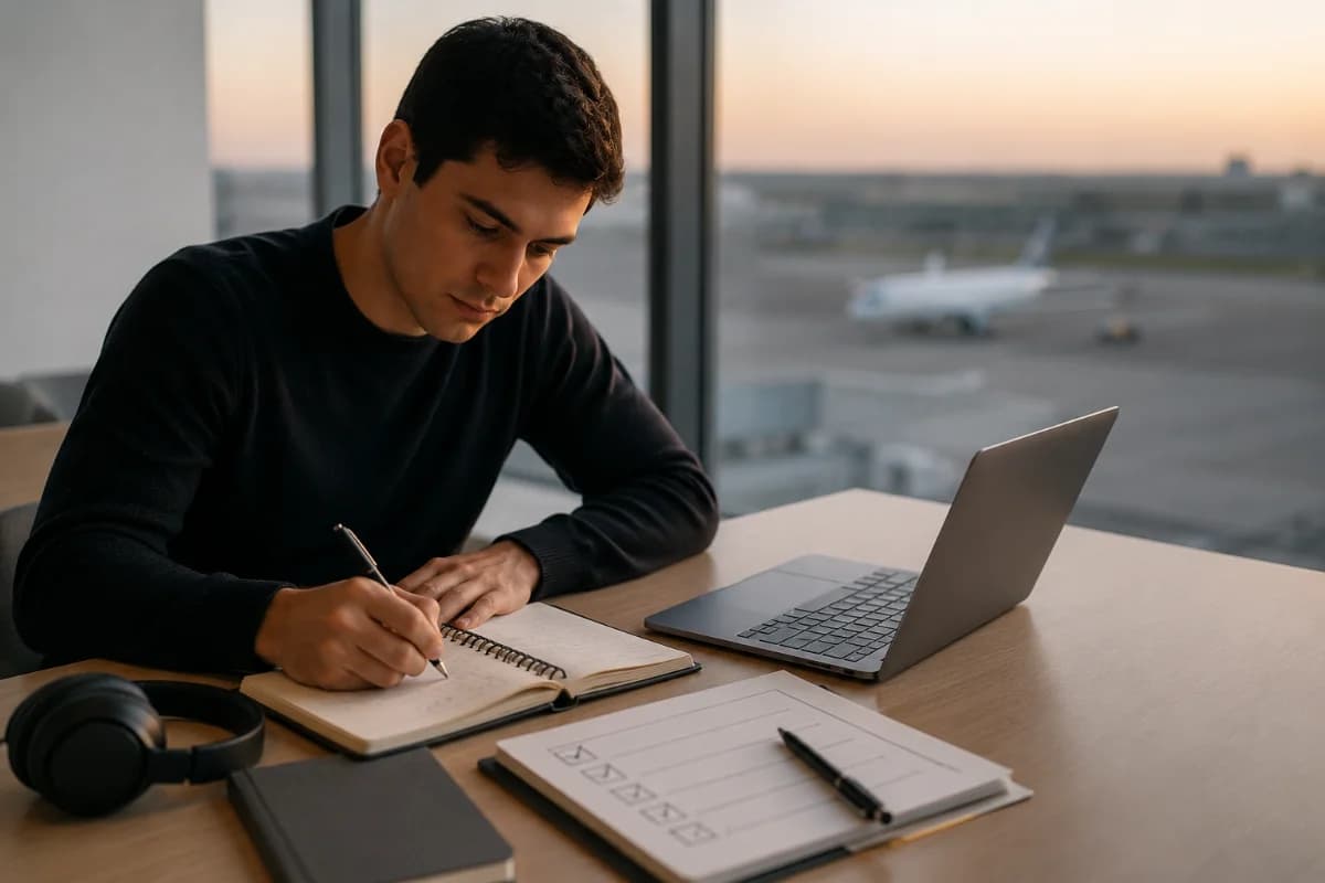 Fotografia realista em estilo editorial: jovem adulto estudando para carreira na aviação em uma mesa organizada com caderno, laptop e checklist, ao lado de uma janela com vista distante de pista de aeroporto e um avião taxiando ao fundo desfocado; ambiente calmo e minimalista, tons neutros, luz natural suave de fim de tarde, profundidade de campo rasa, composição com regra dos terços, enquadramento horizontal 600x400, sem texto, sem logotipos, sem marcas d’água